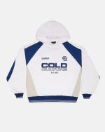 Sudadera con capucha estilo vaquero universitaria blanca y azul
