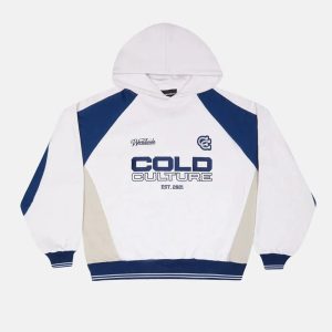 Sudadera con capucha estilo vaquero universitaria blanca y azul